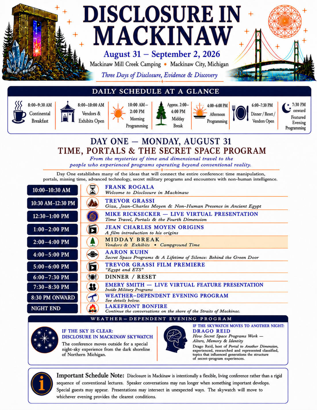 DISCLOSURE IN MACKINAW August 31 – September 2, 2026 Mackinaw Mill Creek Camping Mackinaw City, Michigan  Three Days of Disclosure, Evidence, Experience & Discovery  DAY ONE — MONDAY, AUGUST 31  TIME, PORTALS & THE SECRET SPACE PROGRAM  From the mysteries of time and dimensional travel to the people who experienced programs operating beyond conventional reality.  10:00–10:30 AM FRANK ROGALA Welcome to Disclosure in Mackinaw  10:30 AM–12:30 PM TREVOR GRASSI Giza, Jean-Charles Moyen & Non-Human Presence in Ancient Egypt  12:30–1:00 PM MIKE RICKSECKER — LIVE VIRTUAL PRESENTATION Time Travel, Portals & the Fourth Dimension  1:00–2:00 PM JEAN-CHARLES MOYEN ORIGINS A film introduction to his origins  2:00–4:00 PM MIDDAY BREAK Vendors • Exhibits • Campground Time  4:00–5:00 PM AARON KUHN Secret Space Programs & A Lifetime of Silence: Behind the Green Door  5:00–6:00 PM TREVOR GRASSI FILM PREMIERE Egypt and ETs  6:00–7:30 PM DINNER / RESET  7:30–8:30 PM EMERY SMITH — LIVE VIRTUAL FEATURE PRESENTATION Inside Military Programs  8:30 PM ONWARD WEATHER-DEPENDENT EVENING PROGRAM  If the sky is clear: Disclosure in Mackinaw Skywatch on the dark shoreline of Northern Michigan.  If the Skywatch moves to another night: DRAGO REID How Secret Space Programs Work — Alters, Memory & Identity  Night End: LAKEFRONT BONFIRE Continue the conversations on the shore of the Straits of Mackinac.  DAY TWO — TUESDAY, SEPTEMBER 1  THE YESHUA WRITINGS, HIDDEN HISTORY & ANCIENT ARTIFACTS  From Knights Templar records and writings attributed to Yeshua / Jesus to extraordinary artifacts emerging from Mexico.  10:00–10:30 AM FRANK ROGALA Opening the Evidence Day  10:30–11:45 AM SCOTT WOLTER The Yeshua Writings — Knights Templar Records That Could Rewrite History Forensic Geology & the Physical Evidence  11:45 AM–12:45 PM MARK RUSSELL & ANTHONY MICKEL The Mexican Artifact Mystery — From the Field  12:45–2:00 PM THE MEXICO EXPEDITION PANEL Crystal Skulls & Anomalous Artifacts Inside a Recent Archaeological Discovery  2:00–4:00 PM MIDDAY BREAK Vendors • Exhibits • Campground Time  4:00–4:30 PM FRANK ROGALA & JOAN SEAMAN An Osteopath Looks at Ancient Egyptian Gesture  4:30–6:00 PM JP — JORGE PABON Below the Earth, Beneath the Oceans & Beyond  6:00–7:30 PM DINNER / RESET  7:30–8:30 PM JP — IN PERSON EMERY SMITH — VIRTUAL LIVE Two Insiders — Where Do Their Experiences Intersect?  8:30 PM ONWARD WEATHER-DEPENDENT EVENING PROGRAM  If the sky is clear: Disclosure in Mackinaw Skywatch on the dark shoreline of Northern Michigan.  If the Skywatch moves to another night: Additional discussion with Drago Reid and conference guests.  Night End: LAKEFRONT BONFIRE Continue the conversation beside the Straits of Mackinac.  DAY THREE — WEDNESDAY, SEPTEMBER 2  ANCIENT TECHNOLOGY, ALIEN ARTIFACTS & THE SCIENCE OF THE FUTURE  Can mysteries from the ancient past reveal technologies that belong to our future?  10:00–10:30 AM FRANK ROGALA Introduction to Day Three Including Trevor Grassi and Drago Reid Coral Castle trailer and special guest appearance  10:30–11:15 AM NIKKIANA JONES The Global Megalithic Pattern  11:15 AM–1:30 PM TREVOR GRASSI Piedras Negras: The Lost Records  1:30–1:45 PM TREVOR HAWKE Special film presentation on his research into alien artifacts and megalithic blocks  1:45–2:30 PM INES URDANETA From the Atom to the Universe  2:30–4:00 PM MIDDAY BREAK / RESET Vendors • Exhibits • Campground Time  4:00–5:00 PM YSSAH Codes, Sacred Geometry & the Holofractal Universe  5:00–6:00 PM POP-UP MUSEUM See the Artifacts for Yourself  6:00–7:30 PM DINNER / RESET  7:30 PM DARLA & EMERY SMITH — VIRTUAL LIVE Frequency, Bio-Scanning & the Future of Wellness  8:30 PM CONFERENCE CLOSING Pop-Up Museum  IMPORTANT SCHEDULE NOTE  Disclosure in Mackinaw is intentionally a flexible, living conference rather than a rigid sequence of conventional lectures. Speaker conversations may run longer when something important develops. Special guests may appear, presentations may intersect in unexpected ways, and the Skywatch will move to whichever evening provides the clearest conditions.
