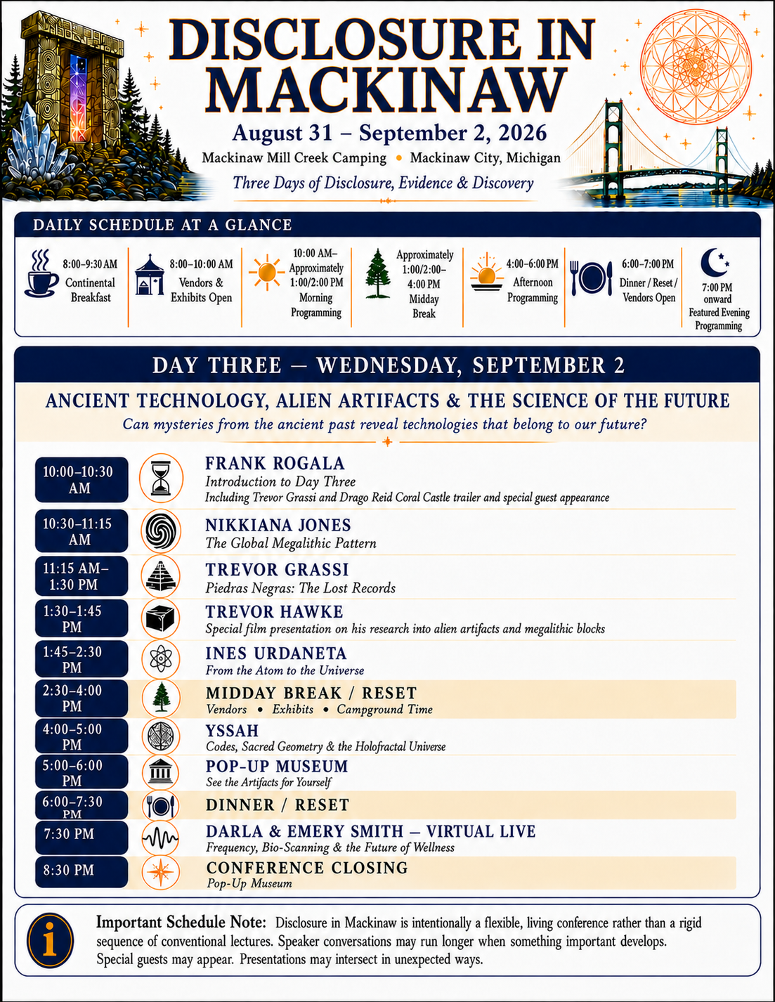 DISCLOSURE IN MACKINAW August 31 – September 2, 2026 Mackinaw Mill Creek Camping Mackinaw City, Michigan  Three Days of Disclosure, Evidence, Experience & Discovery  DAY ONE — MONDAY, AUGUST 31  TIME, PORTALS & THE SECRET SPACE PROGRAM  From the mysteries of time and dimensional travel to the people who experienced programs operating beyond conventional reality.  10:00–10:30 AM FRANK ROGALA Welcome to Disclosure in Mackinaw  10:30 AM–12:30 PM TREVOR GRASSI Giza, Jean-Charles Moyen & Non-Human Presence in Ancient Egypt  12:30–1:00 PM MIKE RICKSECKER — LIVE VIRTUAL PRESENTATION Time Travel, Portals & the Fourth Dimension  1:00–2:00 PM JEAN-CHARLES MOYEN ORIGINS A film introduction to his origins  2:00–4:00 PM MIDDAY BREAK Vendors • Exhibits • Campground Time  4:00–5:00 PM AARON KUHN Secret Space Programs & A Lifetime of Silence: Behind the Green Door  5:00–6:00 PM TREVOR GRASSI FILM PREMIERE Egypt and ETs  6:00–7:30 PM DINNER / RESET  7:30–8:30 PM EMERY SMITH — LIVE VIRTUAL FEATURE PRESENTATION Inside Military Programs  8:30 PM ONWARD WEATHER-DEPENDENT EVENING PROGRAM  If the sky is clear: Disclosure in Mackinaw Skywatch on the dark shoreline of Northern Michigan.  If the Skywatch moves to another night: DRAGO REID How Secret Space Programs Work — Alters, Memory & Identity  Night End: LAKEFRONT BONFIRE Continue the conversations on the shore of the Straits of Mackinac.  DAY TWO — TUESDAY, SEPTEMBER 1  THE YESHUA WRITINGS, HIDDEN HISTORY & ANCIENT ARTIFACTS  From Knights Templar records and writings attributed to Yeshua / Jesus to extraordinary artifacts emerging from Mexico.  10:00–10:30 AM FRANK ROGALA Opening the Evidence Day  10:30–11:45 AM SCOTT WOLTER The Yeshua Writings — Knights Templar Records That Could Rewrite History Forensic Geology & the Physical Evidence  11:45 AM–12:45 PM MARK RUSSELL & ANTHONY MICKEL The Mexican Artifact Mystery — From the Field  12:45–2:00 PM THE MEXICO EXPEDITION PANEL Crystal Skulls & Anomalous Artifacts Inside a Recent Archaeological Discovery  2:00–4:00 PM MIDDAY BREAK Vendors • Exhibits • Campground Time  4:00–4:30 PM FRANK ROGALA & JOAN SEAMAN An Osteopath Looks at Ancient Egyptian Gesture  4:30–6:00 PM JP — JORGE PABON Below the Earth, Beneath the Oceans & Beyond  6:00–7:30 PM DINNER / RESET  7:30–8:30 PM JP — IN PERSON EMERY SMITH — VIRTUAL LIVE Two Insiders — Where Do Their Experiences Intersect?  8:30 PM ONWARD WEATHER-DEPENDENT EVENING PROGRAM  If the sky is clear: Disclosure in Mackinaw Skywatch on the dark shoreline of Northern Michigan.  If the Skywatch moves to another night: Additional discussion with Drago Reid and conference guests.  Night End: LAKEFRONT BONFIRE Continue the conversation beside the Straits of Mackinac.  DAY THREE — WEDNESDAY, SEPTEMBER 2  ANCIENT TECHNOLOGY, ALIEN ARTIFACTS & THE SCIENCE OF THE FUTURE  Can mysteries from the ancient past reveal technologies that belong to our future?  10:00–10:30 AM FRANK ROGALA Introduction to Day Three Including Trevor Grassi and Drago Reid Coral Castle trailer and special guest appearance  10:30–11:15 AM NIKKIANA JONES The Global Megalithic Pattern  11:15 AM–1:30 PM TREVOR GRASSI Piedras Negras: The Lost Records  1:30–1:45 PM TREVOR HAWKE Special film presentation on his research into alien artifacts and megalithic blocks  1:45–2:30 PM INES URDANETA From the Atom to the Universe  2:30–4:00 PM MIDDAY BREAK / RESET Vendors • Exhibits • Campground Time  4:00–5:00 PM YSSAH Codes, Sacred Geometry & the Holofractal Universe  5:00–6:00 PM POP-UP MUSEUM See the Artifacts for Yourself  6:00–7:30 PM DINNER / RESET  7:30 PM DARLA & EMERY SMITH — VIRTUAL LIVE Frequency, Bio-Scanning & the Future of Wellness  8:30 PM CONFERENCE CLOSING Pop-Up Museum  IMPORTANT SCHEDULE NOTE  Disclosure in Mackinaw is intentionally a flexible, living conference rather than a rigid sequence of conventional lectures. Speaker conversations may run longer when something important develops. Special guests may appear, presentations may intersect in unexpected ways, and the Skywatch will move to whichever evening provides the clearest conditions.