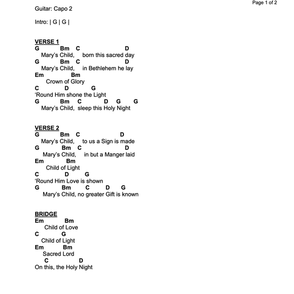 Mary's Child - Chord Diagram - Key of A/B - Guitar Arrangement