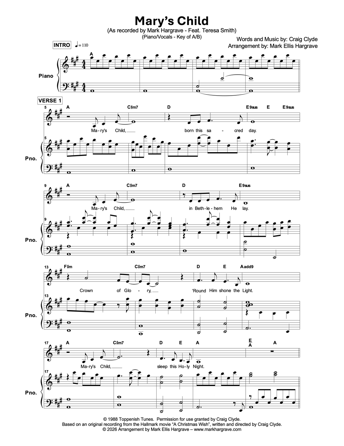 Mary's Child - Sheet Music - Key of A/B - Piano/Vocal Arrangement