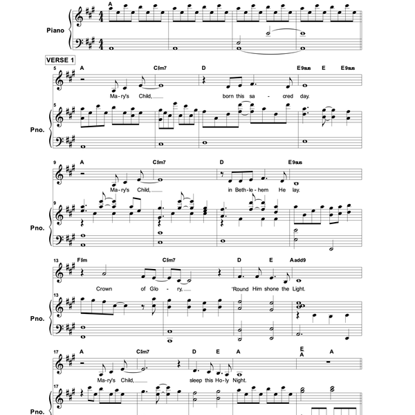 Mary's Child - Sheet Music - Key of A/B - Piano/Vocal Arrangement