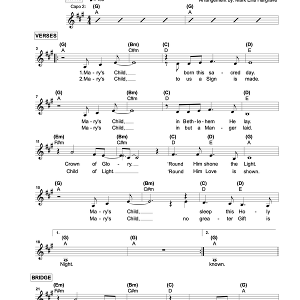 Mary's Child - Sheet Music - Key of A/B - Guitar/Vocal Arrangement