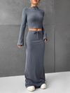 Solid Color Half Skirt Long Sleeve Top, Fashionable Two Piece Set for Women