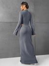 Solid Color Half Skirt Long Sleeve Top, Fashionable Two Piece Set for Women
