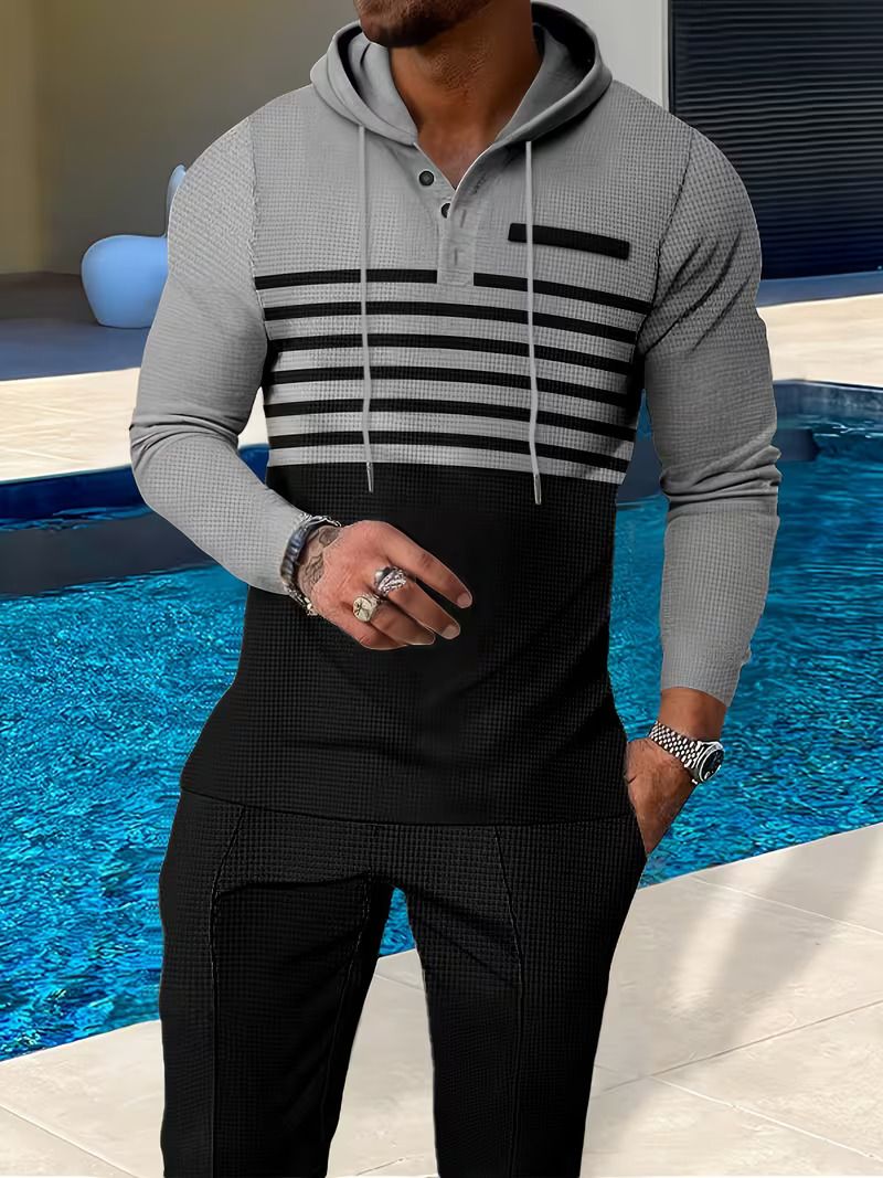 Mens Waffle Knit Casual Set _ Hoodie with Contrasting Seam Jogging Pants