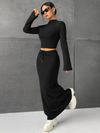Solid Color Half Skirt Long Sleeve Top, Fashionable Two Piece Set for Women