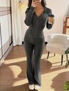 Womens Casual Hooded Waist-Cinching Pocket Jacket and Flared Pants 2pcs Set