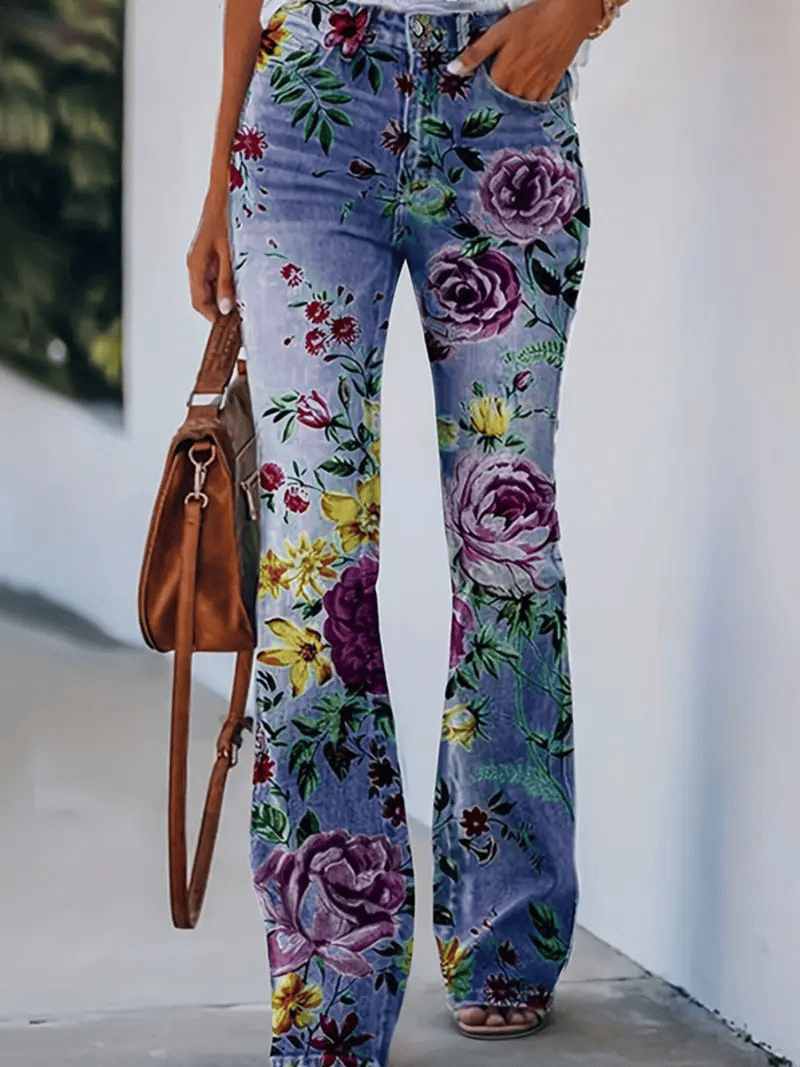 LADIES PURPLE FLORAL PRINT FLARED LEG JEANS