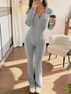 Womens Casual Hooded Waist-Cinching Pocket Jacket and Flared Pants 2pcs Set