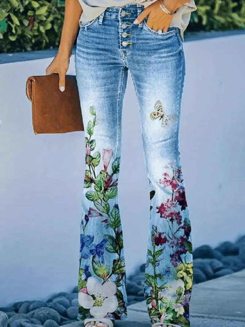 LADIES MIXED COLOR FLOWER PATCH FLARED JEANS