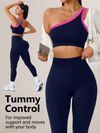 Womens Athletic Workout Set Off-Shoulder Top And High-Waisted Leggings