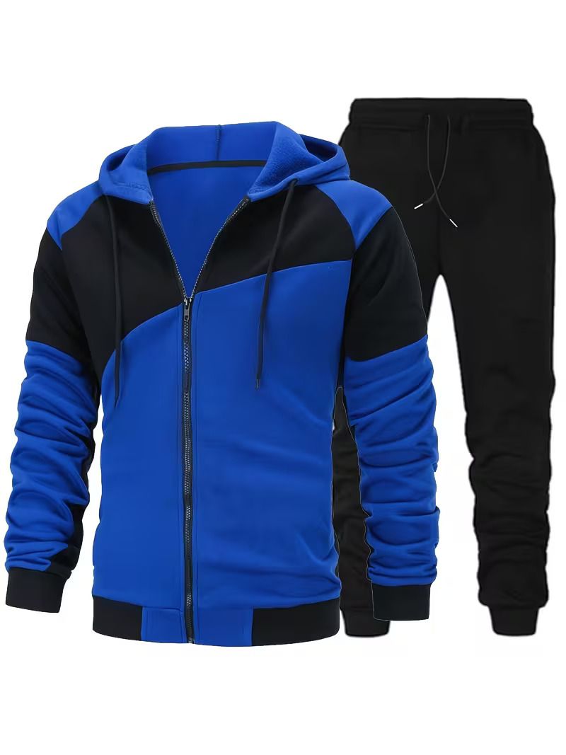 2pcs Mens Autumn Winter Sports Set, Adjustable Waistband, Long Sleeve Hooded Zipper Jacket, Drawstring Pants