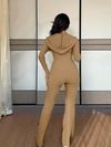 Womens Casual Hooded Waist-Cinching Pocket Jacket and Flared Pants 2pcs Set