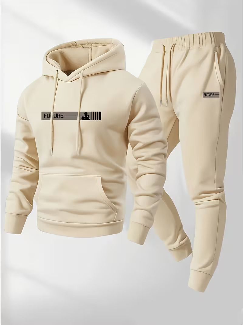 Mens Two-Piece Set, Casual Crew Neck Long Sleeve Hooded Sweatshirt And Sweatpants Set