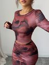 2pcs Womens Red Round-neck Tight Asymmetrical Tie-dye Pattern Long-sleeve T-shirt and skirt set
