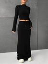 Solid Color Half Skirt Long Sleeve Top, Fashionable Two Piece Set for Women
