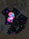 Flame-retardant girls pajama set in with various cartoon unicorn prints GLOWS UNDER UV LIGHT