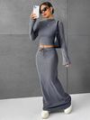 Solid Color Half Skirt Long Sleeve Top, Fashionable Two Piece Set for Women