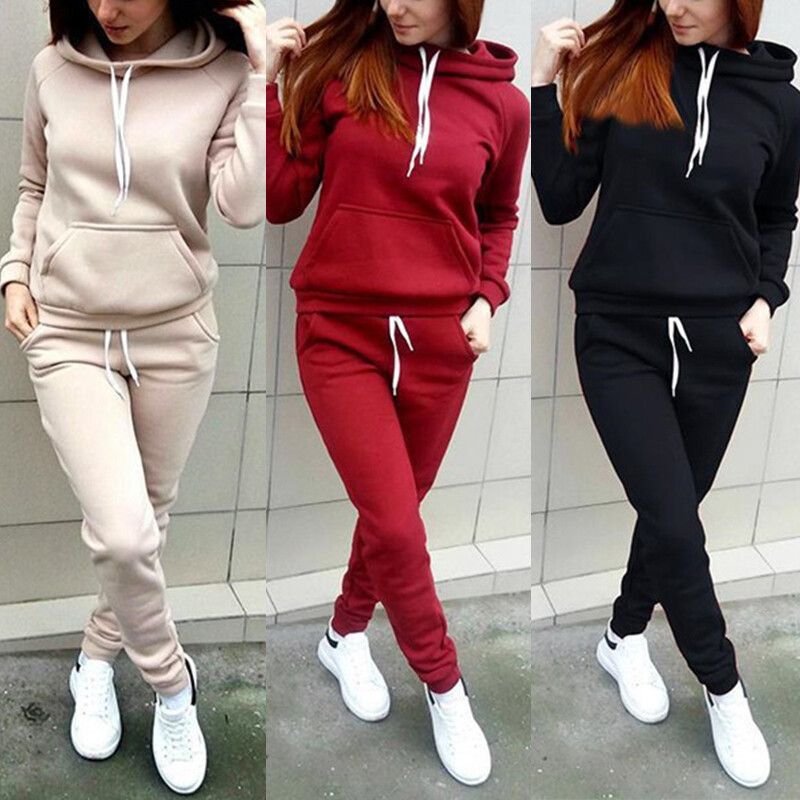 LADIES 2 PC LONG SLEEVE SWEATSUITE TRACKSUIT WITH HOOD
