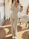 Womens Casual Hooded Waist-Cinching Pocket Jacket and Flared Pants 2pcs Set