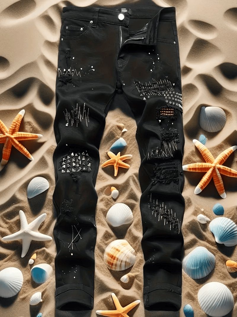 MENS SLIM FIT BLACK STRAIGHT LEG METAL STUD JEANS