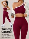 Womens Athletic Workout Set Off-Shoulder Top And High-Waisted Leggings