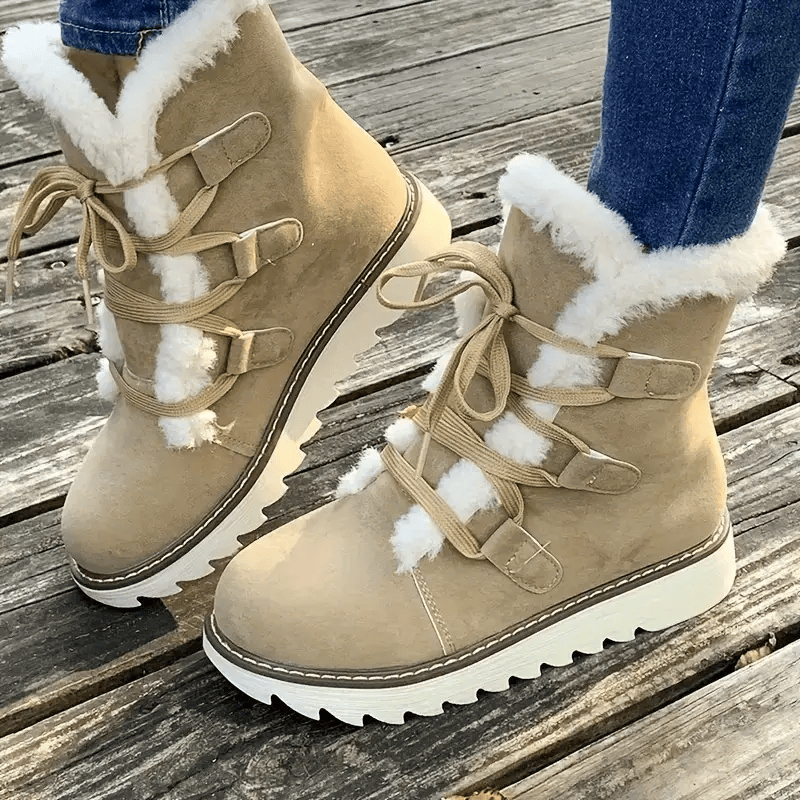 LADIES THICK SOLE FAUX LAMB FUR FRONT TIE WINTER PANTS BOOTS