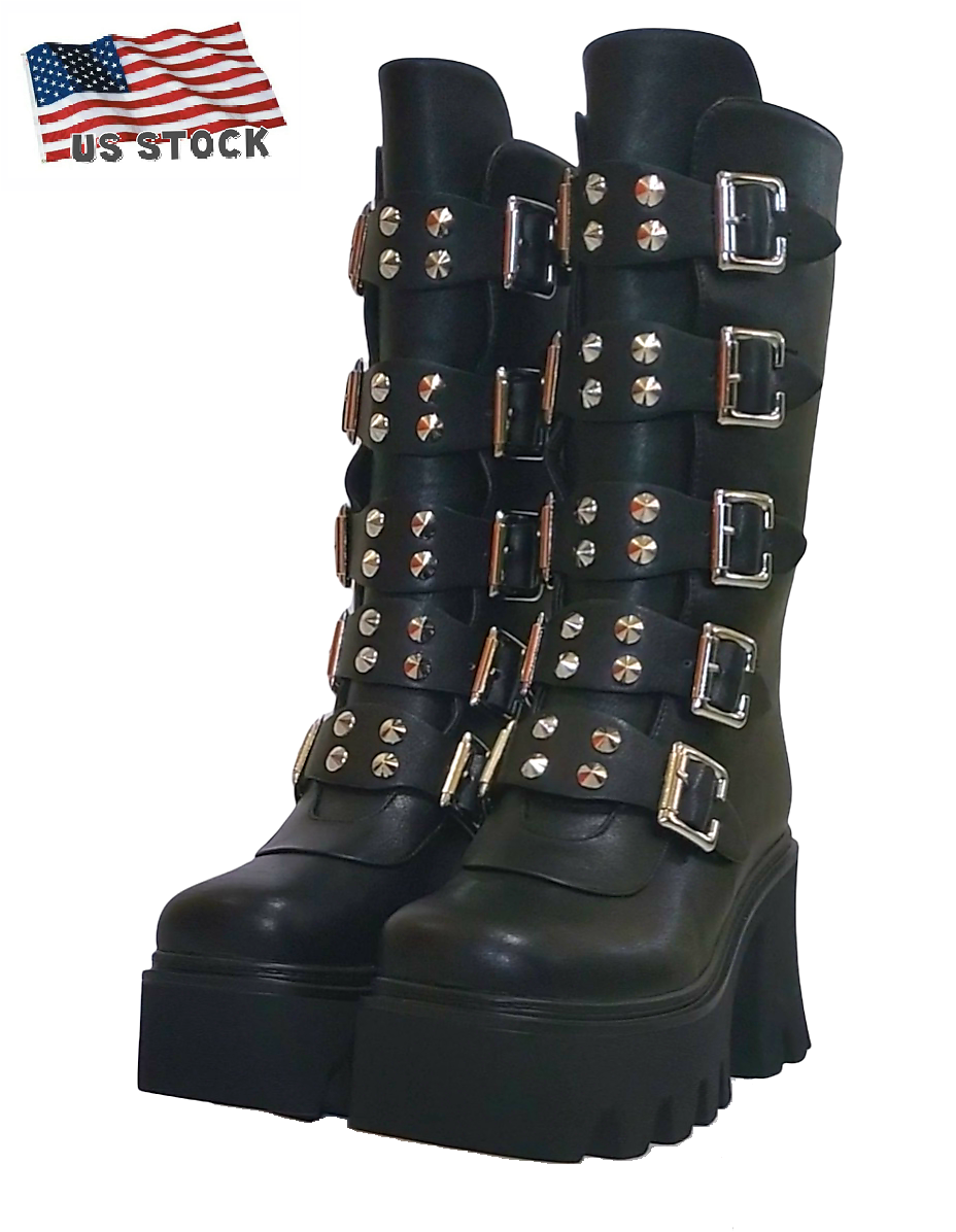 LADIES PUNK ROCK KNEE LENGTH 5 BUCKLE THICK SOLE BOOTS