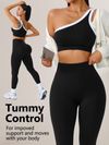 Womens Athletic Workout Set Off-Shoulder Top And High-Waisted Leggings