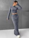 Solid Color Half Skirt Long Sleeve Top, Fashionable Two Piece Set for Women