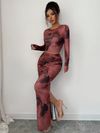 2pcs Womens Red Round-neck Tight Asymmetrical Tie-dye Pattern Long-sleeve T-shirt and skirt set