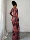 2pcs Womens Red Round-neck Tight Asymmetrical Tie-dye Pattern Long-sleeve T-shirt and skirt set