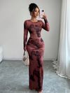 2pcs Womens Red Round-neck Tight Asymmetrical Tie-dye Pattern Long-sleeve T-shirt and skirt set