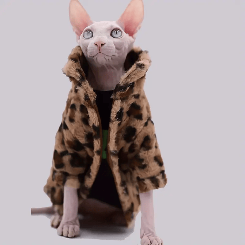 Duomasumi Faux Fur Double-Layer Leopard Coat for Sphynx Cats.