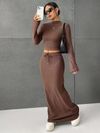 Solid Color Half Skirt Long Sleeve Top, Fashionable Two Piece Set for Women