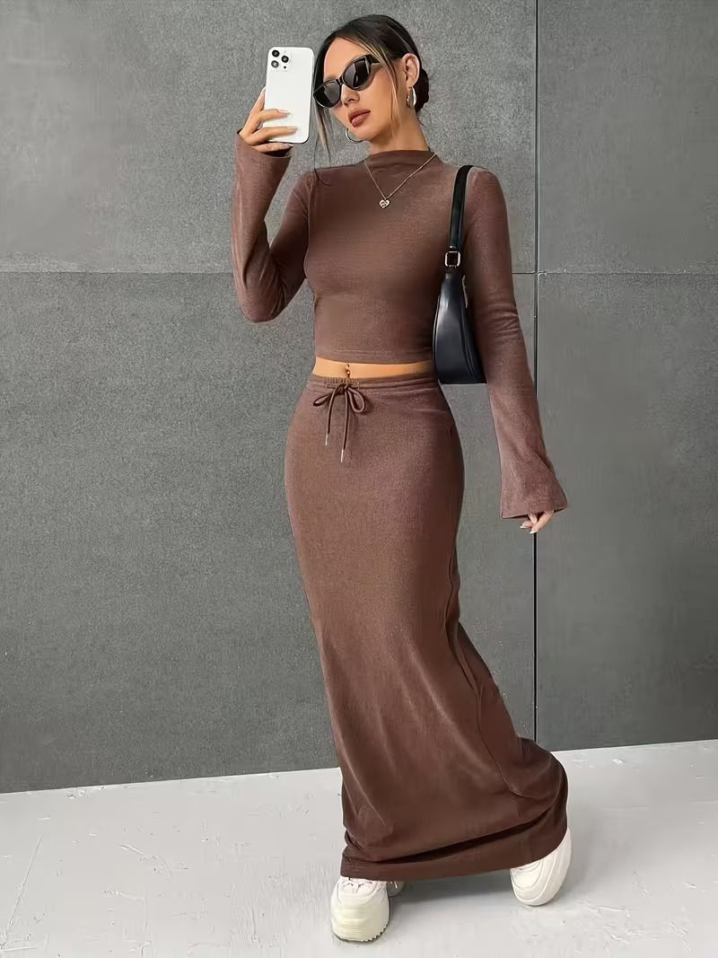 Solid Color Half Skirt Long Sleeve Top, Fashionable Two Piece Set for Women