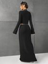 Solid Color Half Skirt Long Sleeve Top, Fashionable Two Piece Set for Women