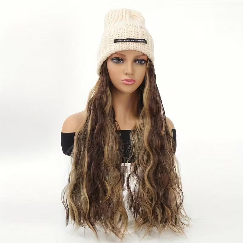 Womens Knit Beanie Hat with Long Curly Wavy Synthetic Hair Extensions