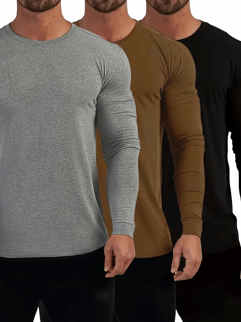 MENS 3 PACK OF LONG SLEEVE ROUND NECK SLIM FIT SHIRTS