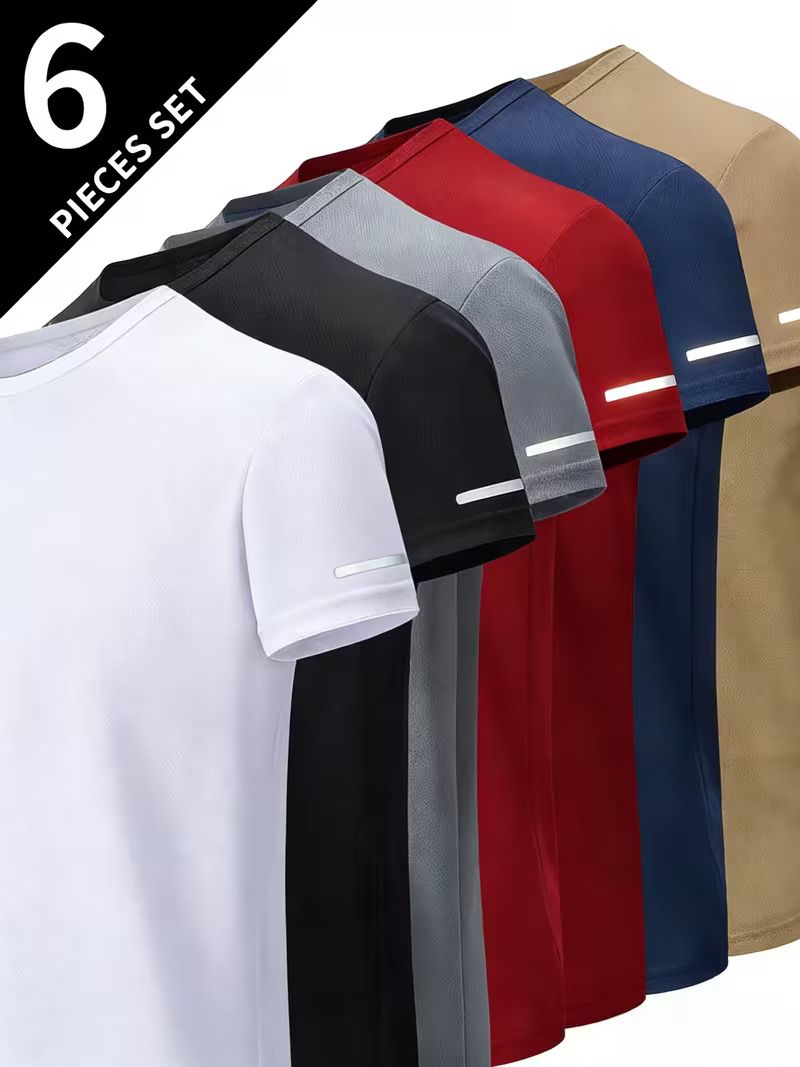 6pcs Sports T-shirt Set, Crew Neck, Short Sleeves, Summer Fabric, Regular Fit, Solid Color