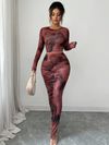 2pcs Womens Red Round-neck Tight Asymmetrical Tie-dye Pattern Long-sleeve T-shirt and skirt set