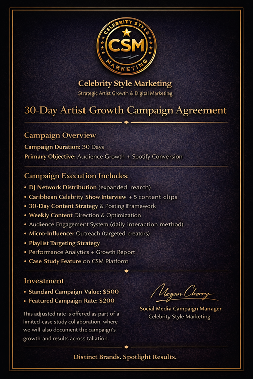 artist growth campaign showing music marketing strategy to build fanbase and increase Spotify streams over 30 days