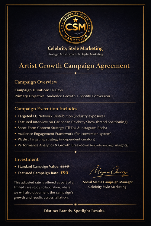 Ready to grow your audience and increase your visibility? Apply for a campaign with Celebrity Style Marketing and take your music to the next level