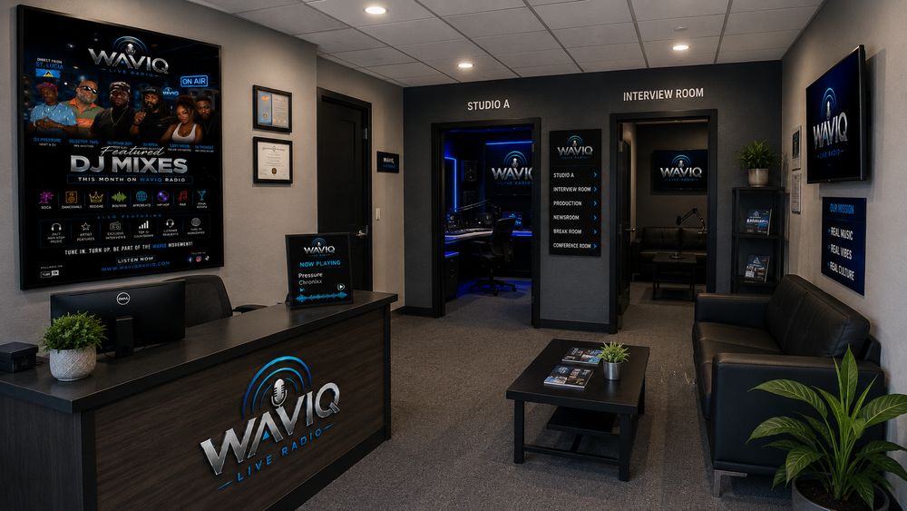 Explore the future vision of WAVIQ Radio with a modern broadcast headquarters featuring professional radio studios, podcast facilities, interview suites, creative workspaces and a welcoming r