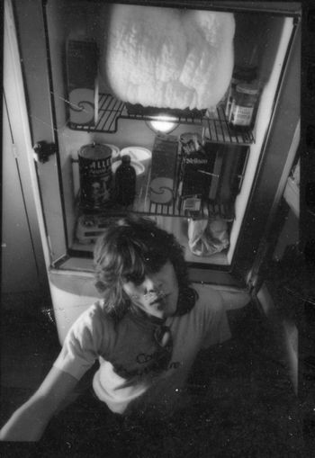 Ken Fox almost in Andy's Fridge, 1981, photo by Mike Young.
