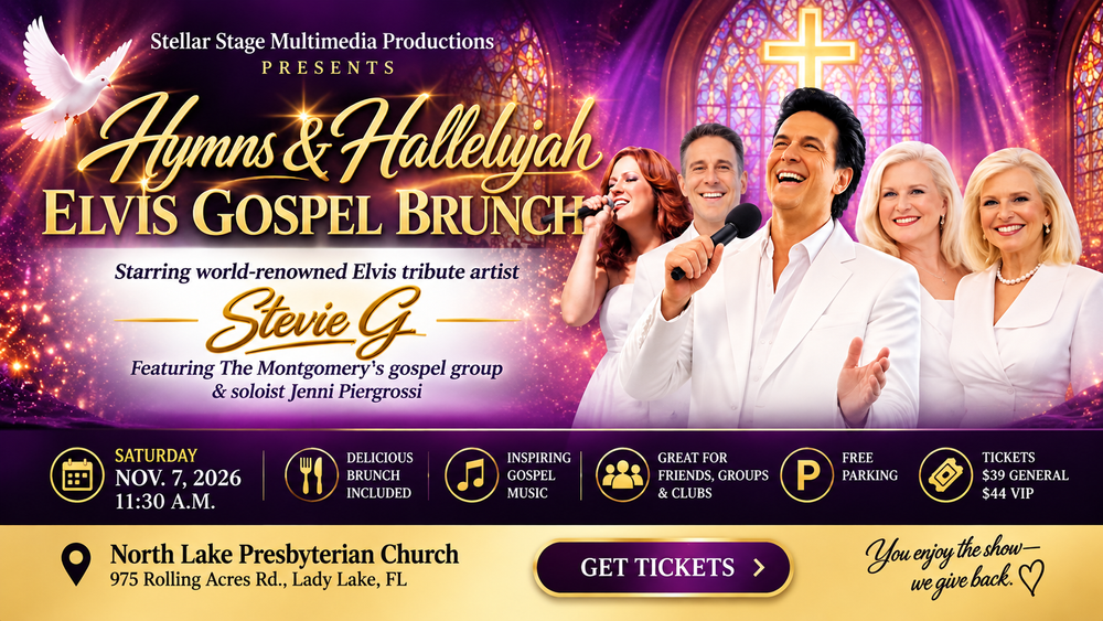 Elvis Presley Gospel Brunch near The Villages Florida featuring Stevie G, The Montgomery's gospel group and Jenni Piergrossi in Lady Lake