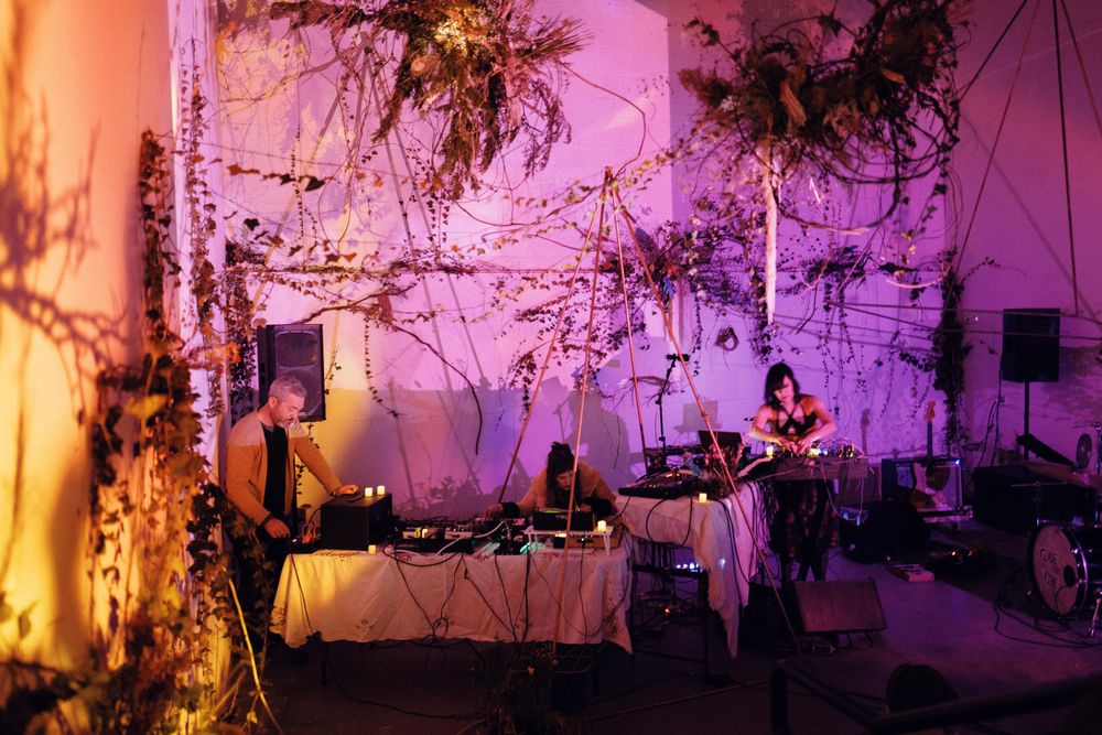 Elisa Faires, Lynn Fister and Peter Speer performing at Revolve on January 26 2025. Photograph by Charlie Boss.  Music made with modular synthesis, analog synth, sampling and voice.