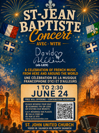 On fête la St-Jean Baptise à l'église St. John de Deep Cove 1pm-2:30 Afternoon Concert at Deep Cove's St. John's United Church to celebrate St.Jean Baptiste day