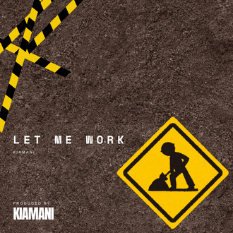 A construction worker is digging on a sign with construction tape is there.  The words, "Let Me Work," are displayed on the picture.