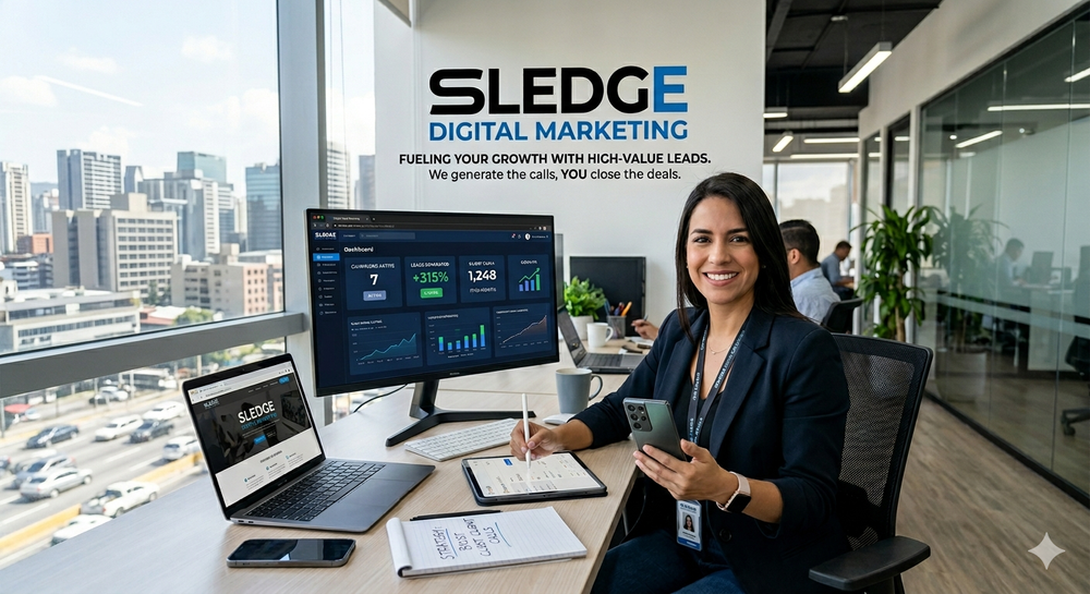 Sledge Digital Marketing landing page header image showing a professional office setting with Google Ads performance dashboards on computer screens, driving